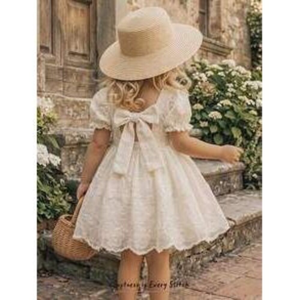 Cozy Pixies Baby Girl Solid Color Bow Decor Round Neck Petal Sleeve Waist Cinch…